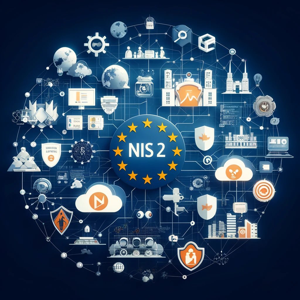 DALL·E 2024-04-14 08.50.30 - A digital collage illustrating concepts related to the NIS 2.0 directive for cybersecurity in the European Union. The image includes symbols of the EU